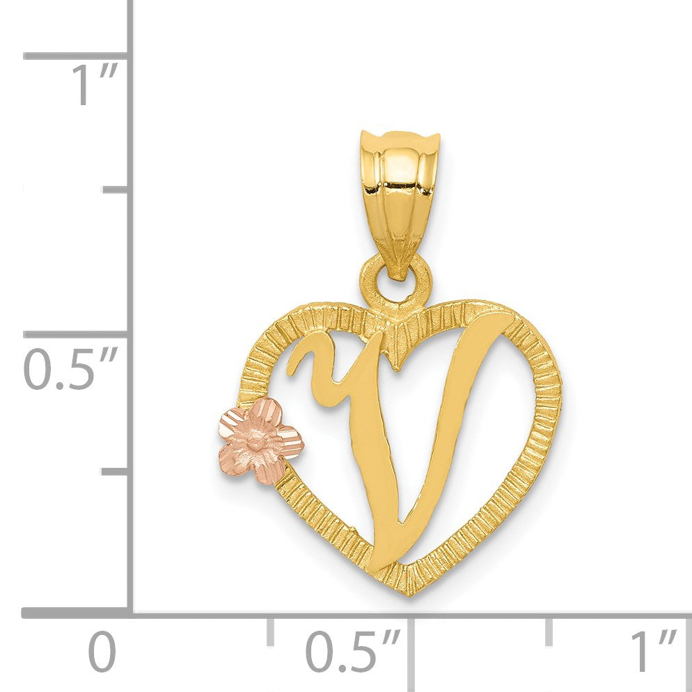 14k Two-Tone Heart Letter V Initial Pendant