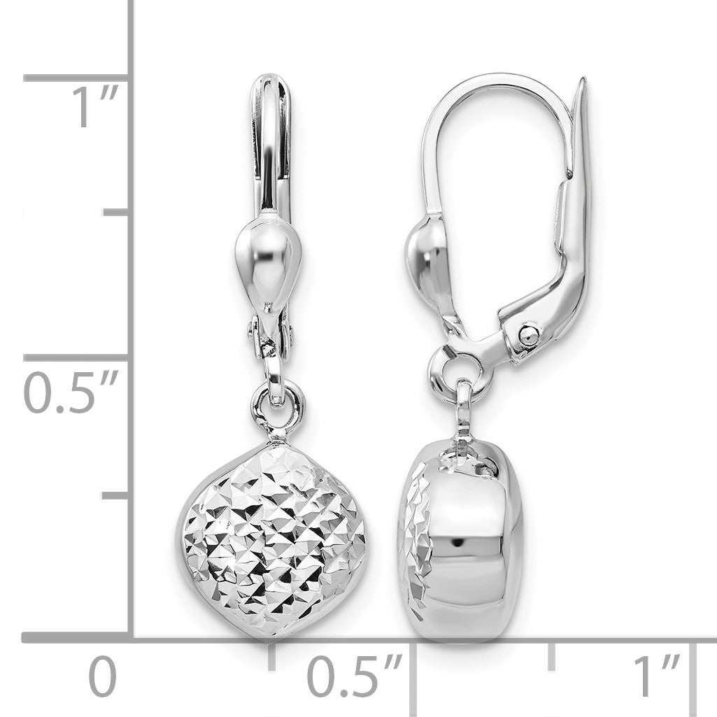 14k White Gold Polished Diamond-Cut Circle Dangle Leverback Earrings