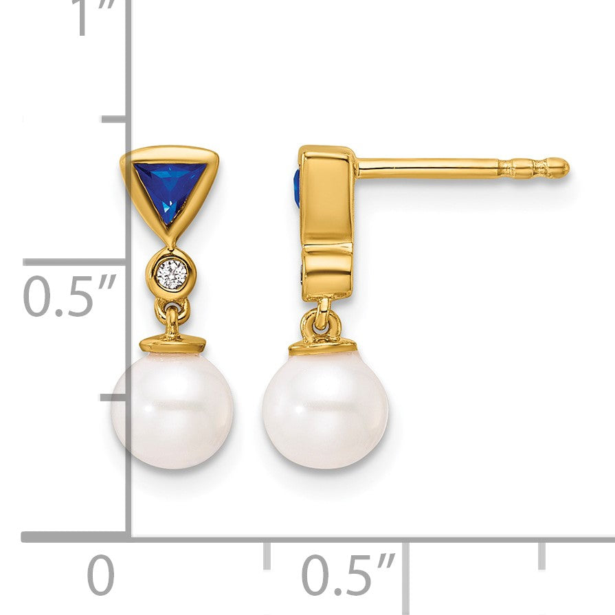 14K White Round Freshwater Cultured Pearl/.02 carat Diamond/Trillion Sapphire Dangle Post Earrings