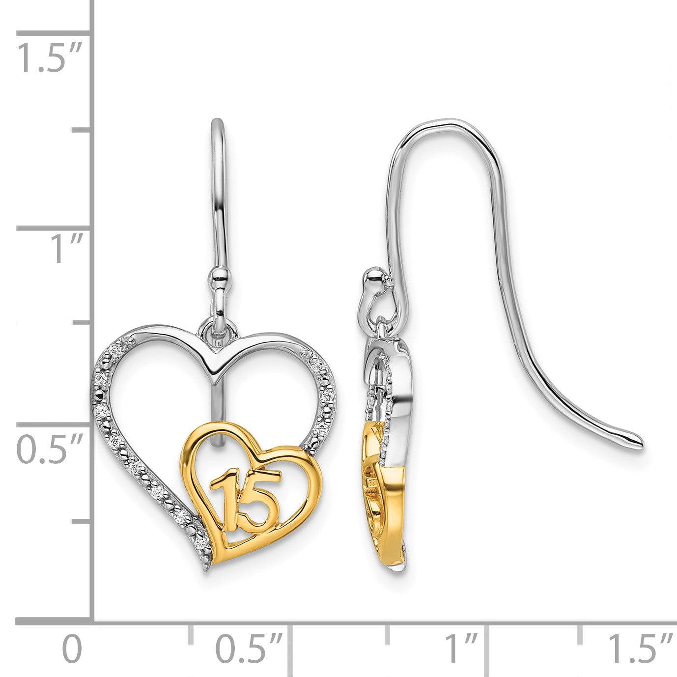 14K Two-tone Polished 1/20 carat Diamond Quinceanera 15 Heart Dangle French Hook Earrings