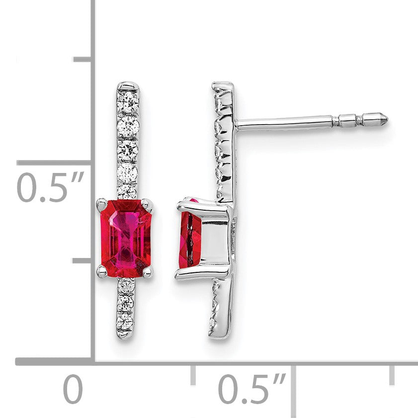 14k White Gold 5x3mm Emerald-cut Ruby and Diamond Post Earrings