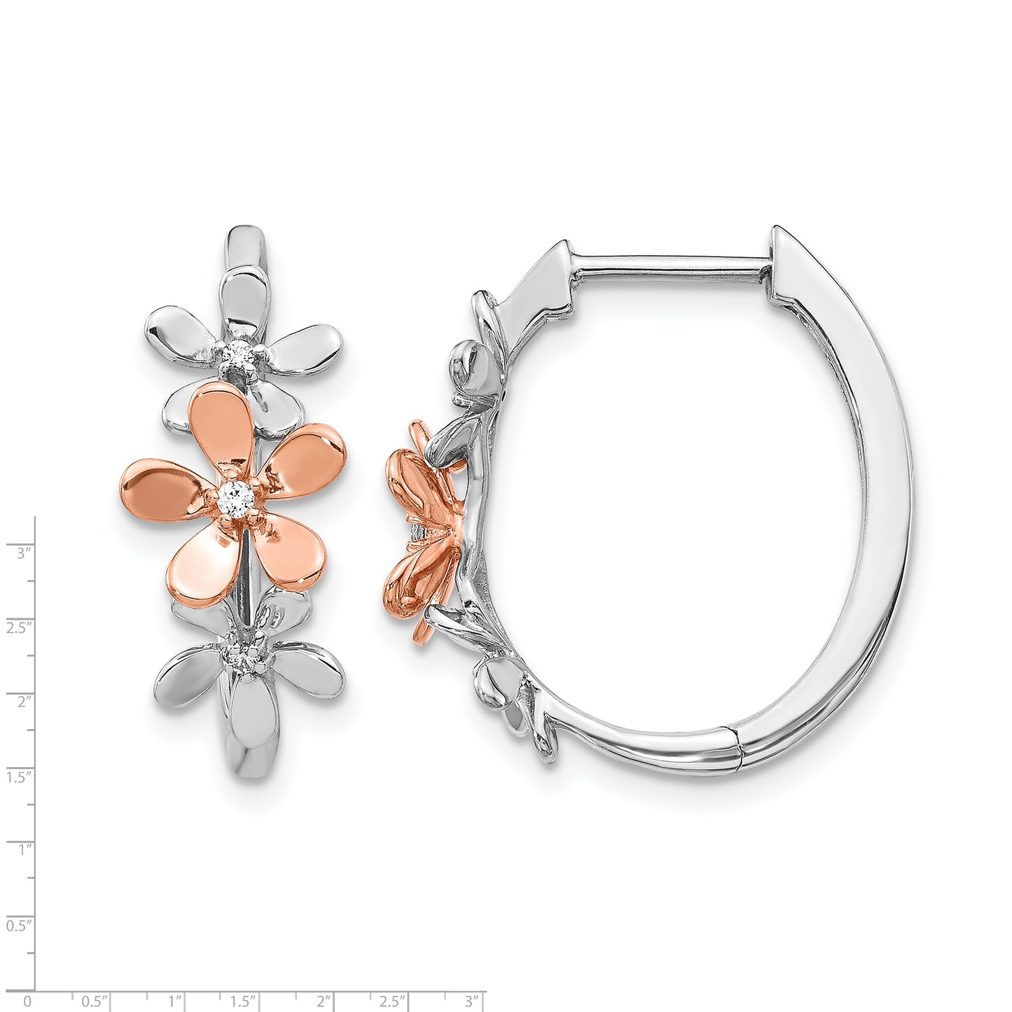 14k Rose and White Gold 1/20 carat Diamond Flowers Hinged Hoop Earrings