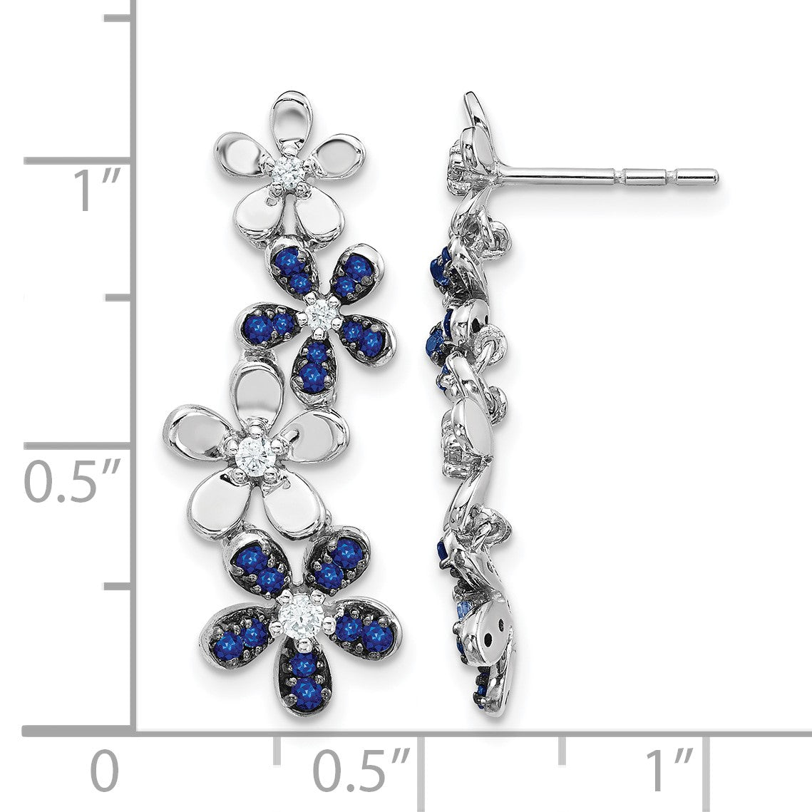 14k White Gold Diamond and Sapphire Floral Dangle Post Earrings