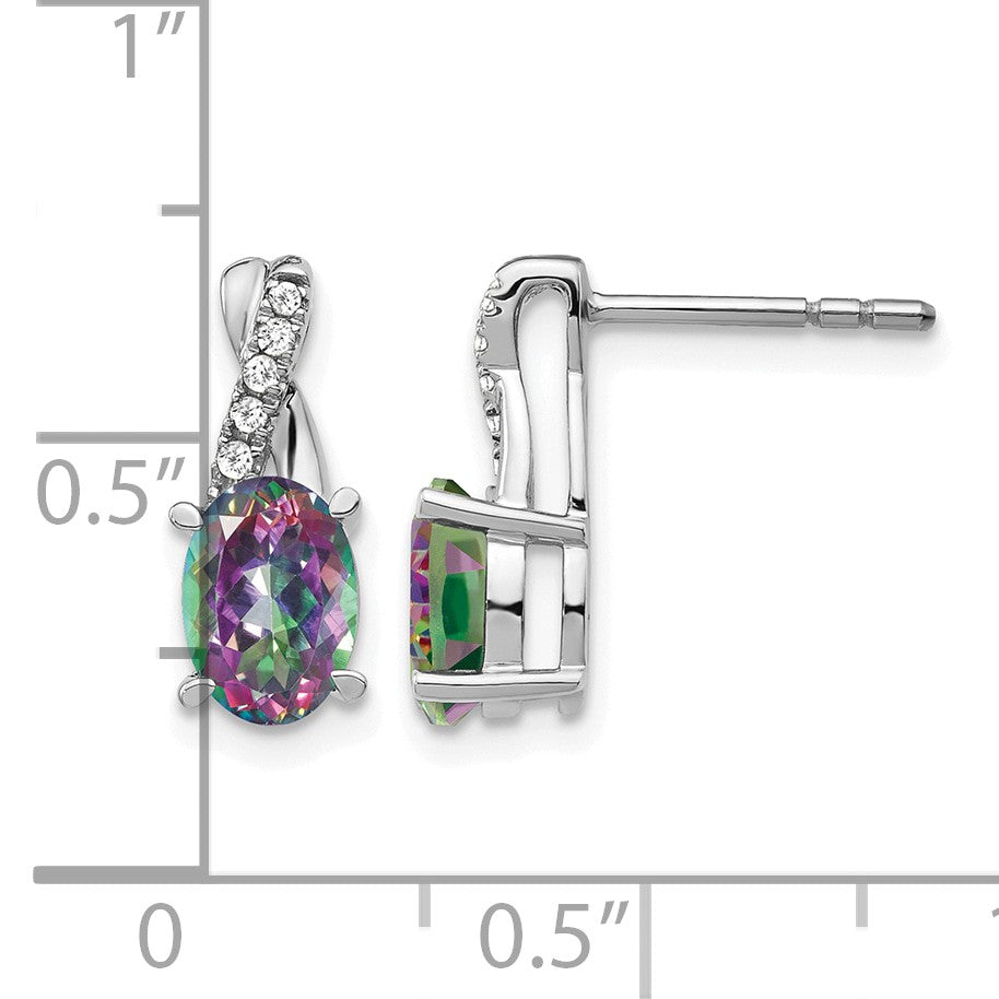 14k White Gold 7x5mm Oval Mystic Fire Topaz and Diamond Post Earrings