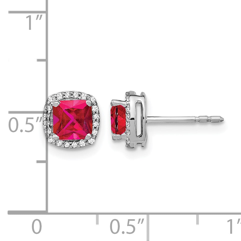 14k White Gold 5mm Cushion Ruby and Diamond Halo Post Earrings