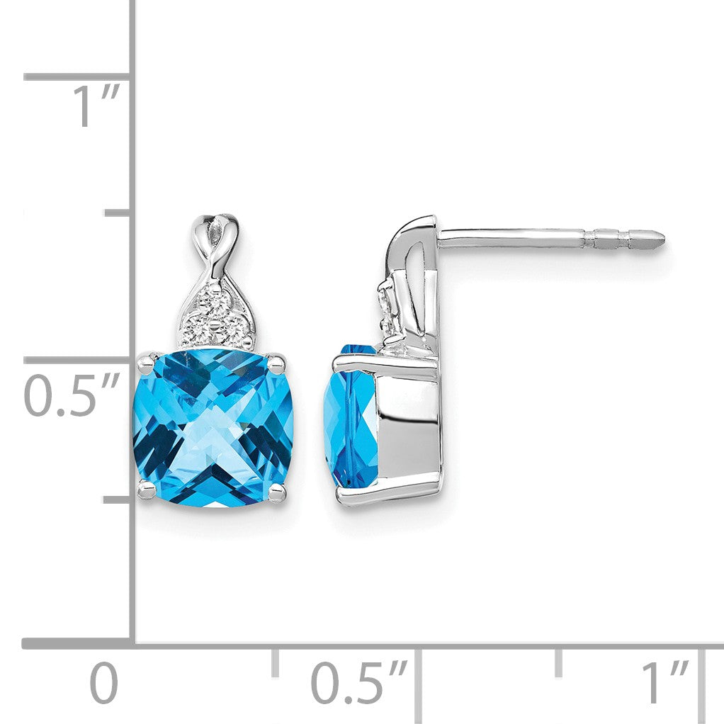 14k White Gold 7mm Cushion Checkerboard December/Blue Topaz and Diamond Post Earrings