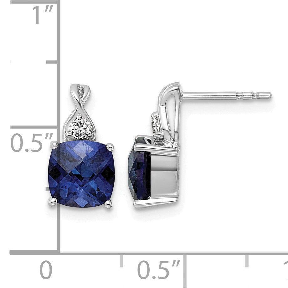 14k White Gold Checkerboard Created Blue Sapphire & Lab Grown Diamond VS/SI+ G+ September Birthstone Complete Earrings