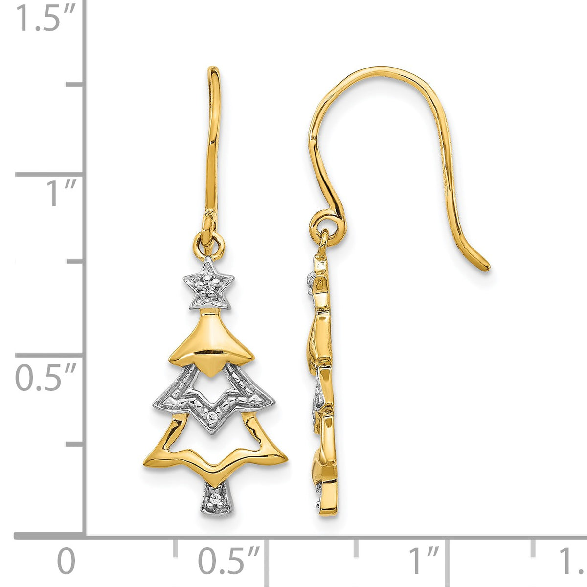 14k and White Rhodium Diamond Christmas Tree Dangle French Hook Earrings