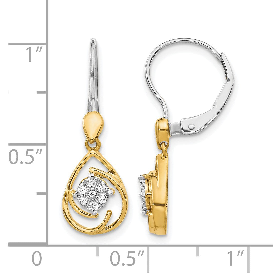 14k Two-tone 1/15 carat Diamond Teardrop Dangle Leverback Earrings