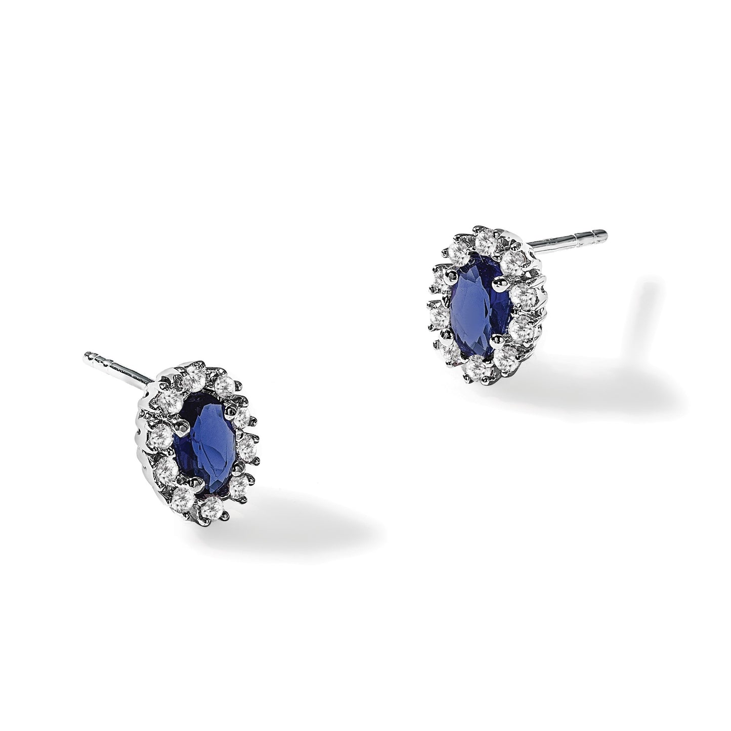 14k White Gold 5x3mm Oval Sapphire and Diamond Halo Post Earrings