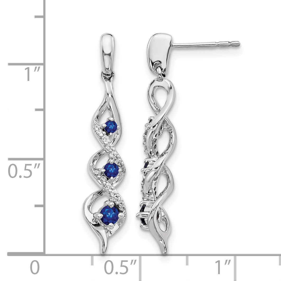 14k White Gold Diamond and Blue Sapphire Twisted Post Dangle Earrings