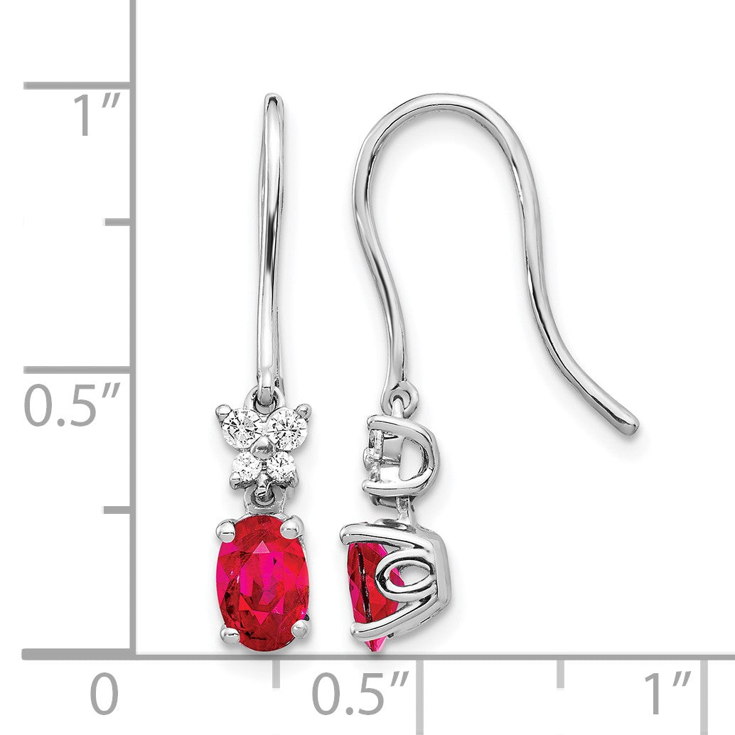14k White Gold 6x4mm Oval Ruby and Diamond Shepherd Hook Earrings