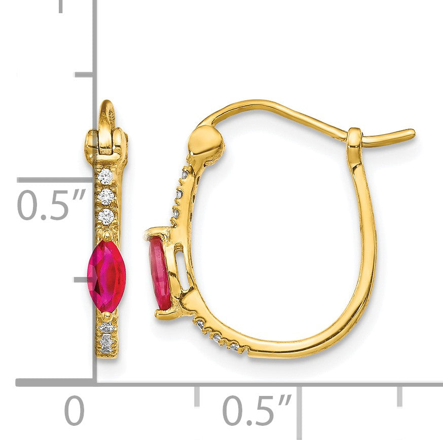 14k 1/20 carat Diamond and 5x2.5mm Marquise Ruby Oval Hoop Earrings