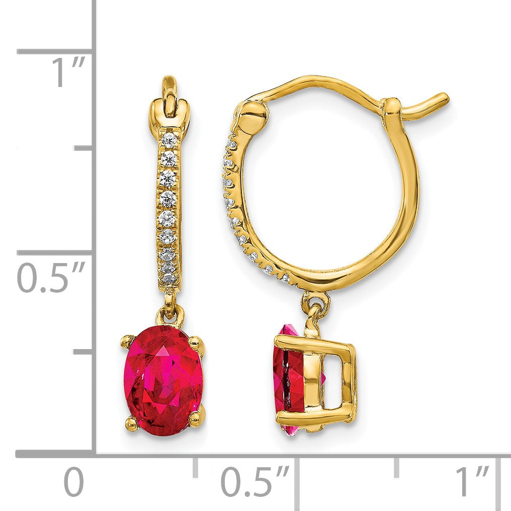 14k 1/10 carat Diamond and 7x5mm Oval Ruby Dangle Hoop Earrings