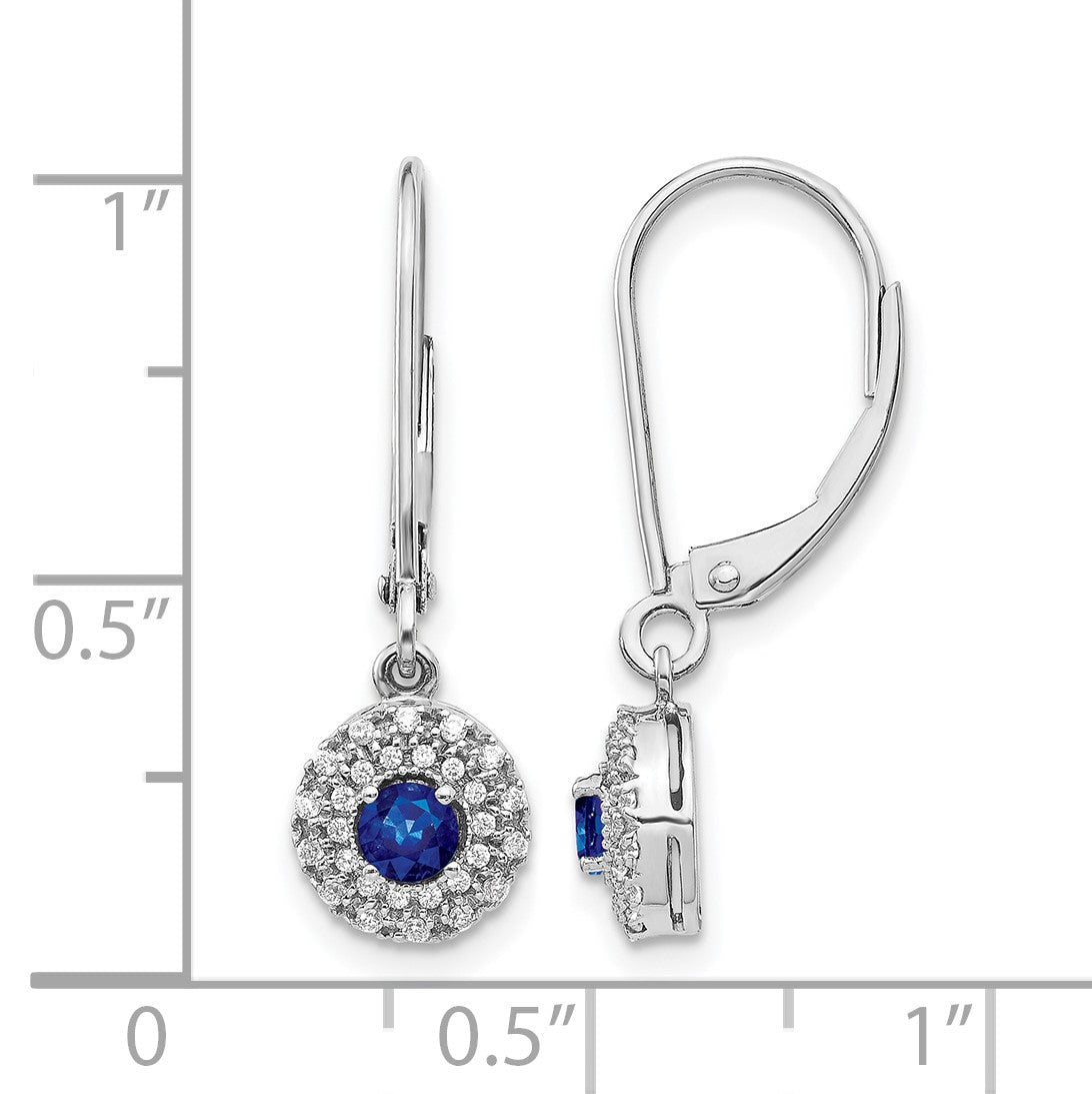 14k White Gold Diamond Halo and Sapphire Leverback Dangle Earrings