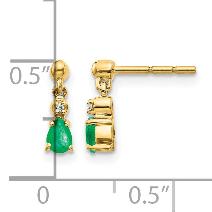 14k 4x3mm Pear Emerald and Diamond Dangle Post Earrings