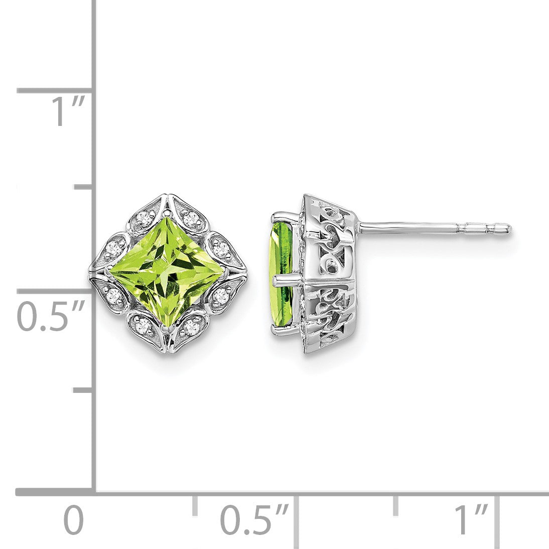 14k White Gold 5mm Square Peridot and .08 carat Diamond Post Earrings