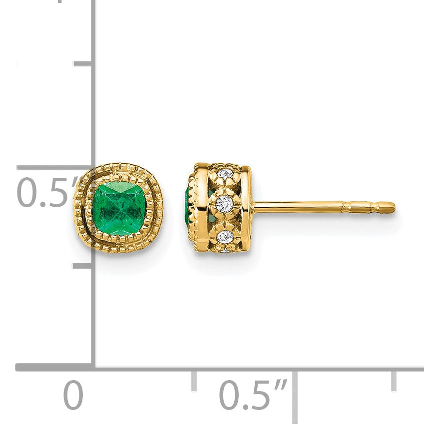 14k 3.4mm Cushion Emerald and Diamond Post Earrings