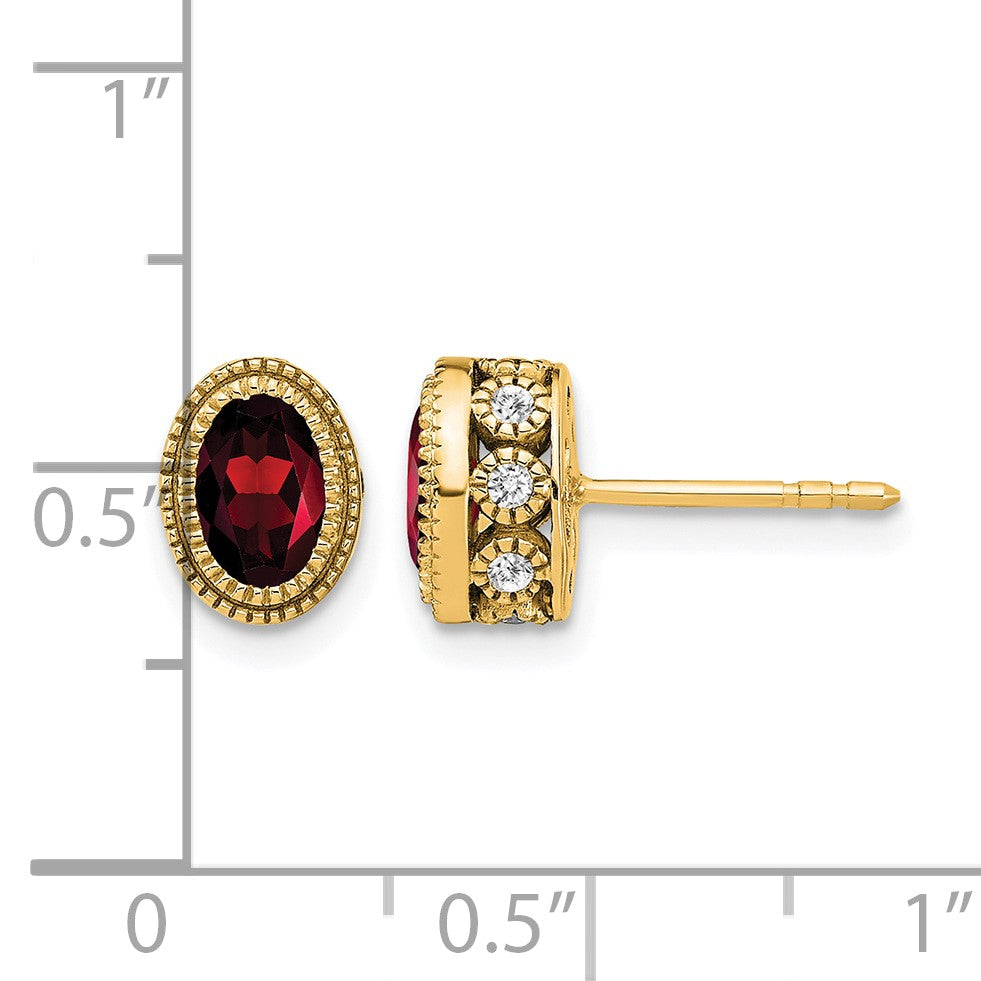 14k 6x4mm Oval Garnet and .19 carat Diamond Post Earrings