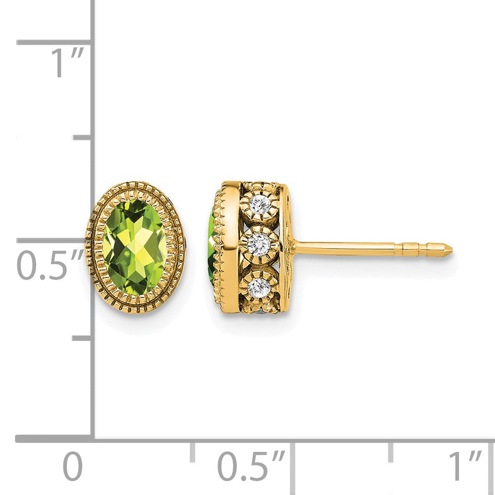 14k 6x4mm Oval Peridot and .19 carat Diamond Post Earrings