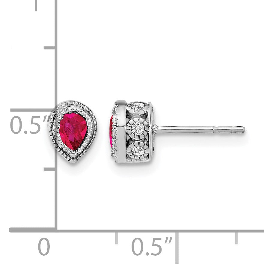 14k White Gold 4x3mm Pear Ruby and Diamond Post Earrings