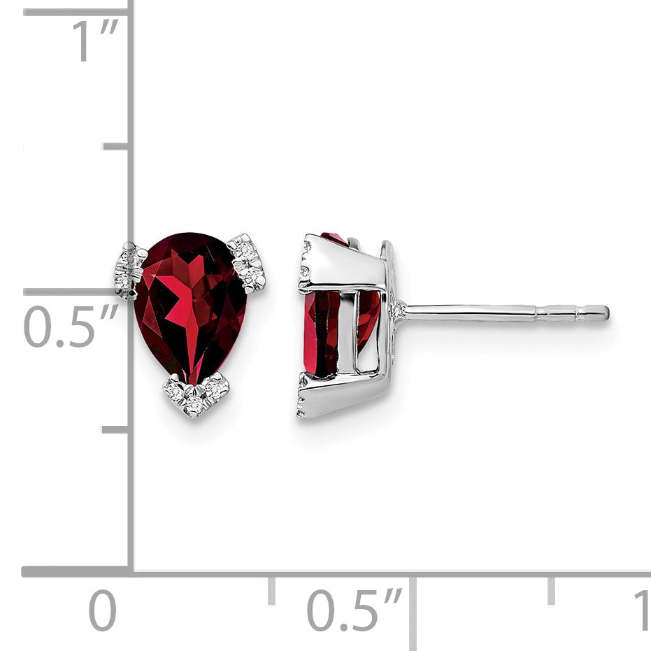 14k White Gold 7x5mm Pear Garnet and .05 carat Diamond Post Earrings