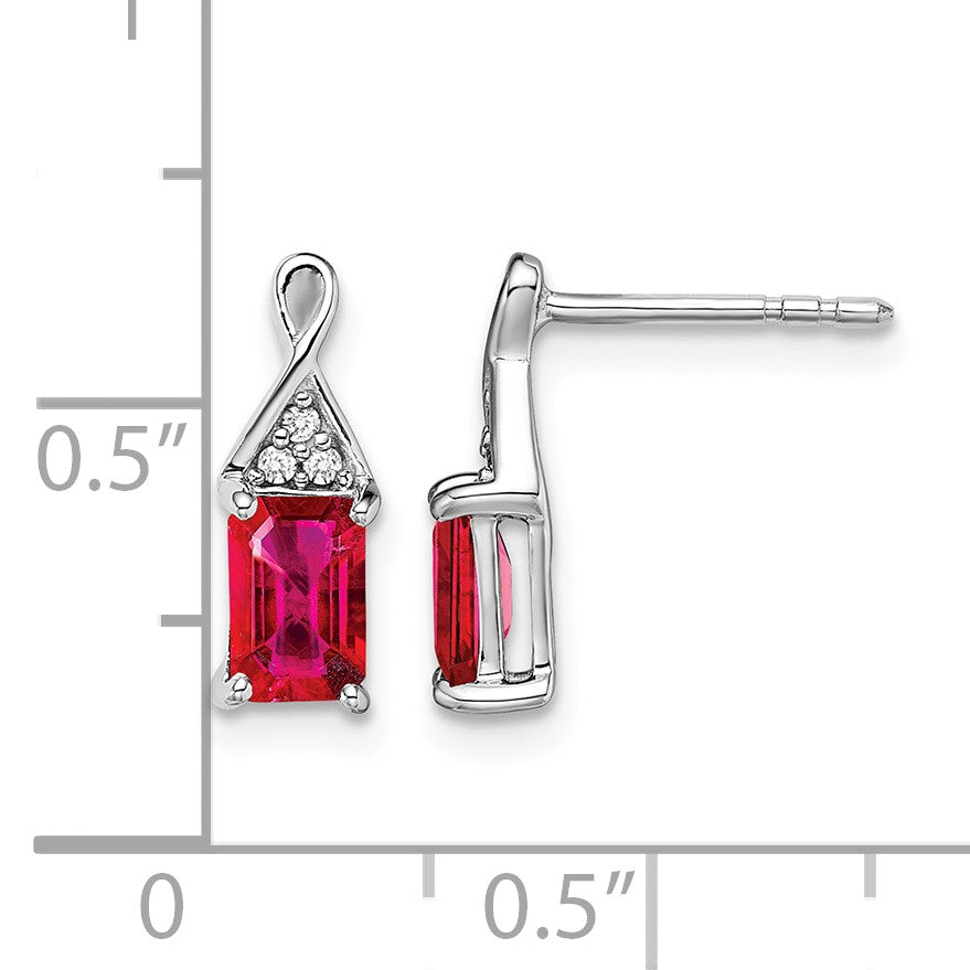 14k White Gold 6x4mm Emerald-cut Ruby and Diamond Post Earrings