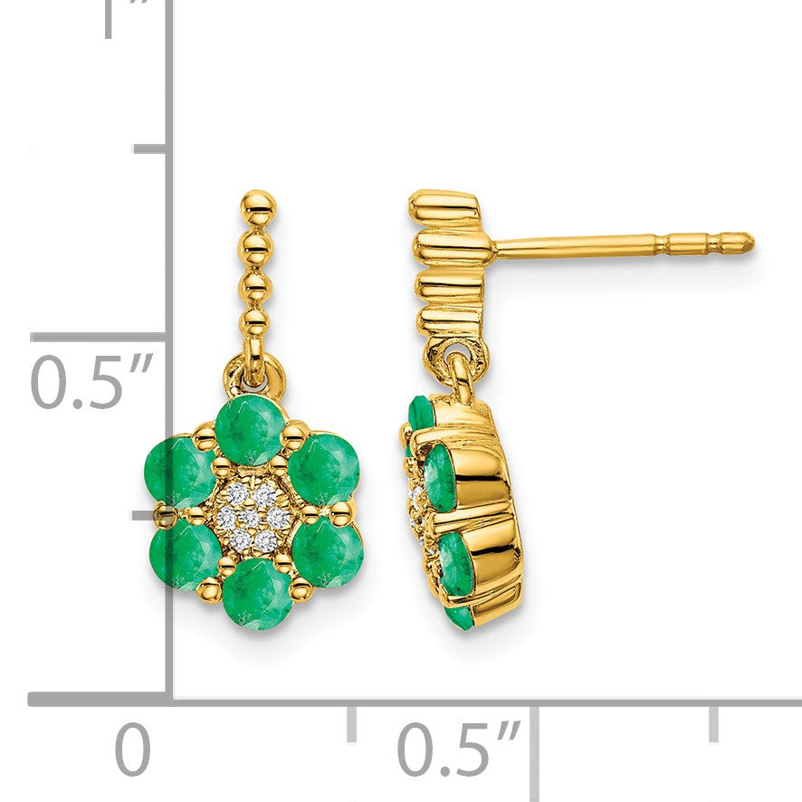 14k Polished Emerald and Diamond Floral Dangle Post Earrings