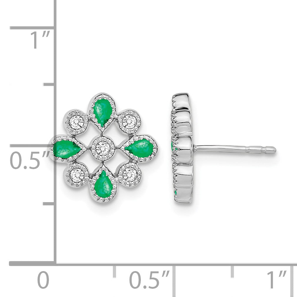14k White Gold Emerald and Diamond Floral Post Earrings