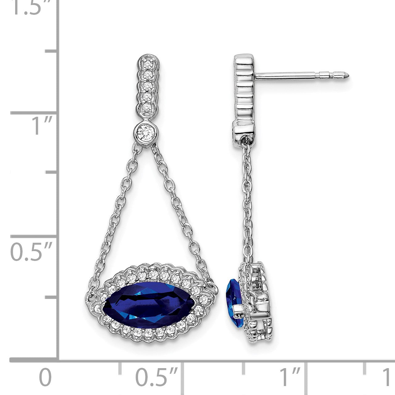 14k White Gold 10x5mm Marquise Lab Created Sapphire and Diamond Chain Dangle Post Earrings