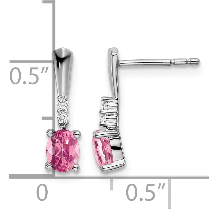 14k White Gold 5x3 Oval October/Pink Tourmaline and Diamond Dangle Post Earrings