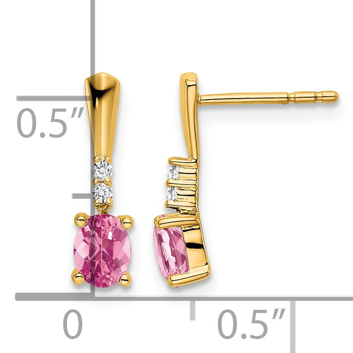 14K 5x3 Oval October/Pink Tourmaline and Diamond Dangle Post Earrings