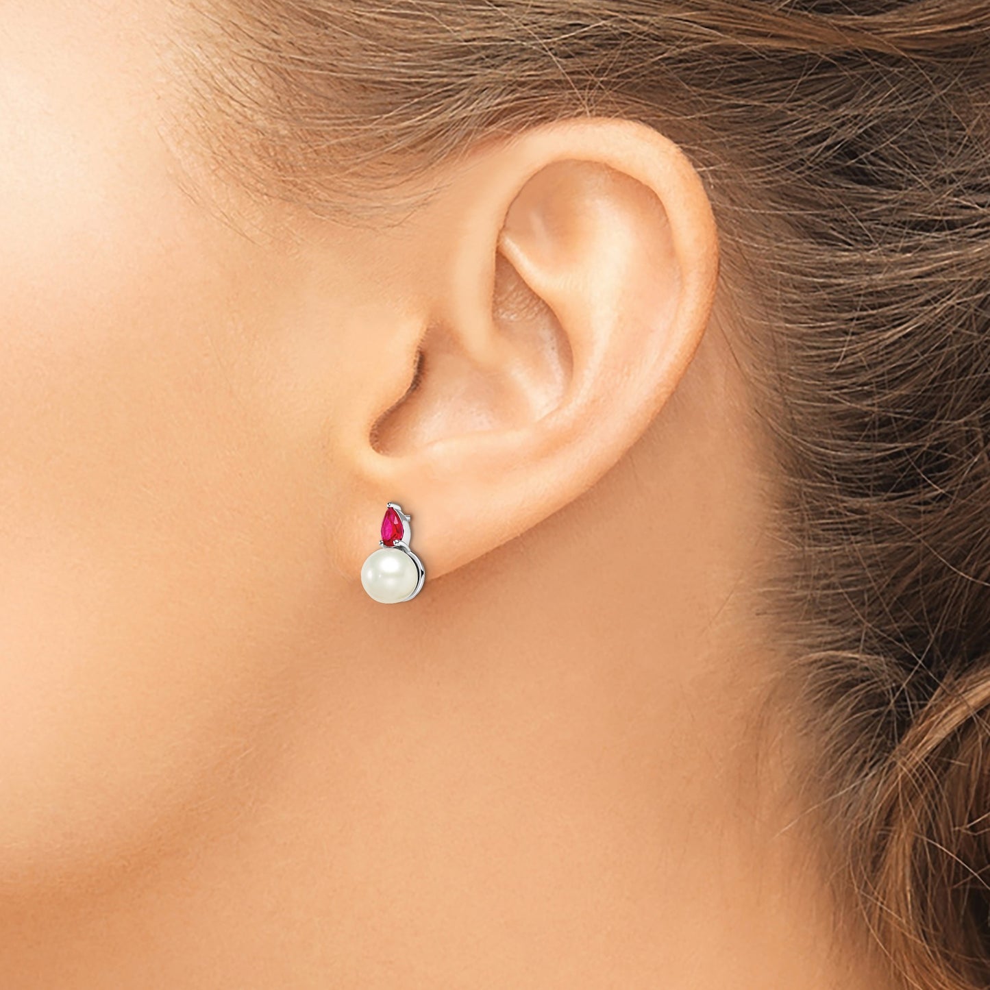 14k White Gold 6-7mm White Round Freshwater Cultured Pearl and .60RU Pear Ruby Post Earrings