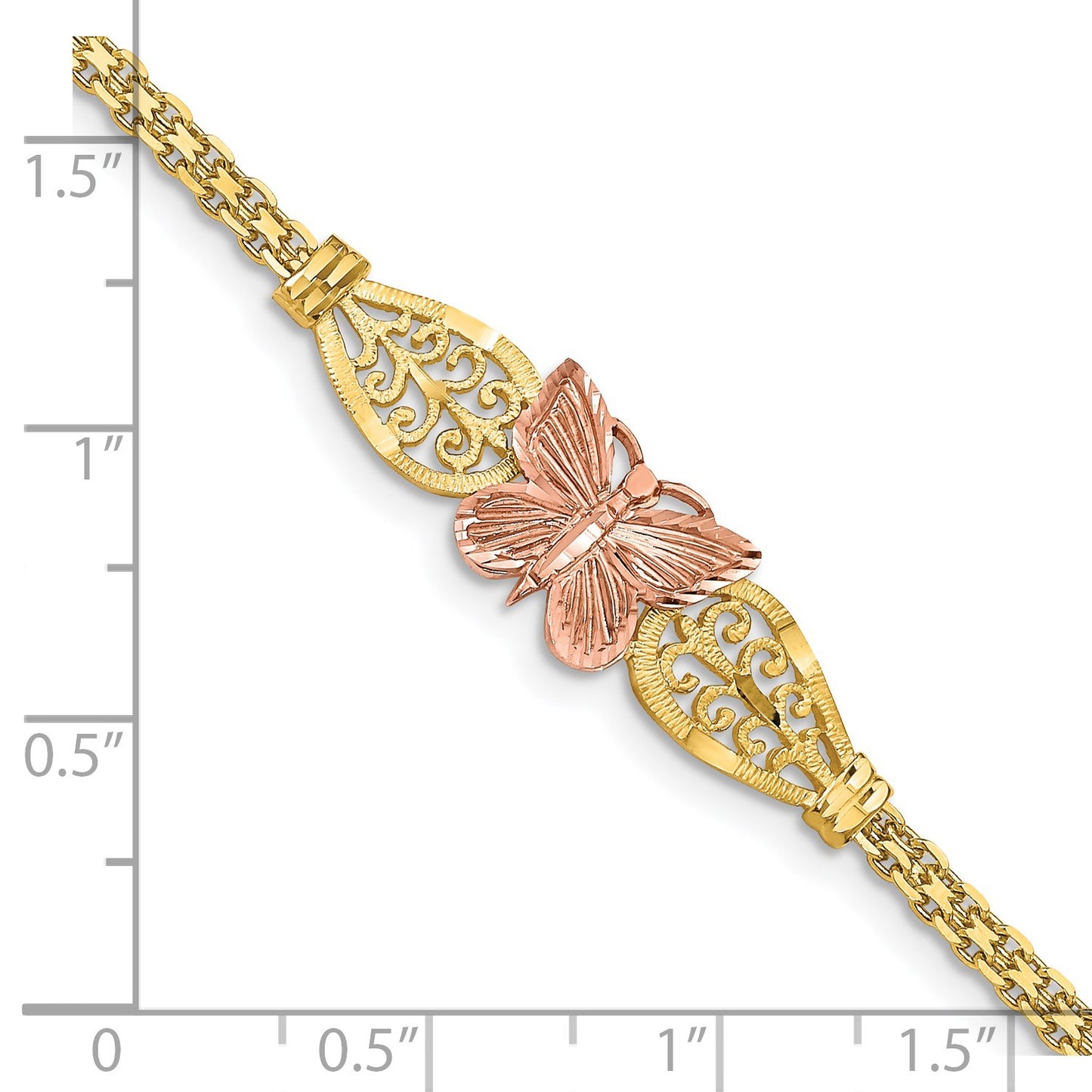 14K Two-tone Polished Diamond-cut Butterfly with Filigree and Bismark Chain 7 inch Bracelet