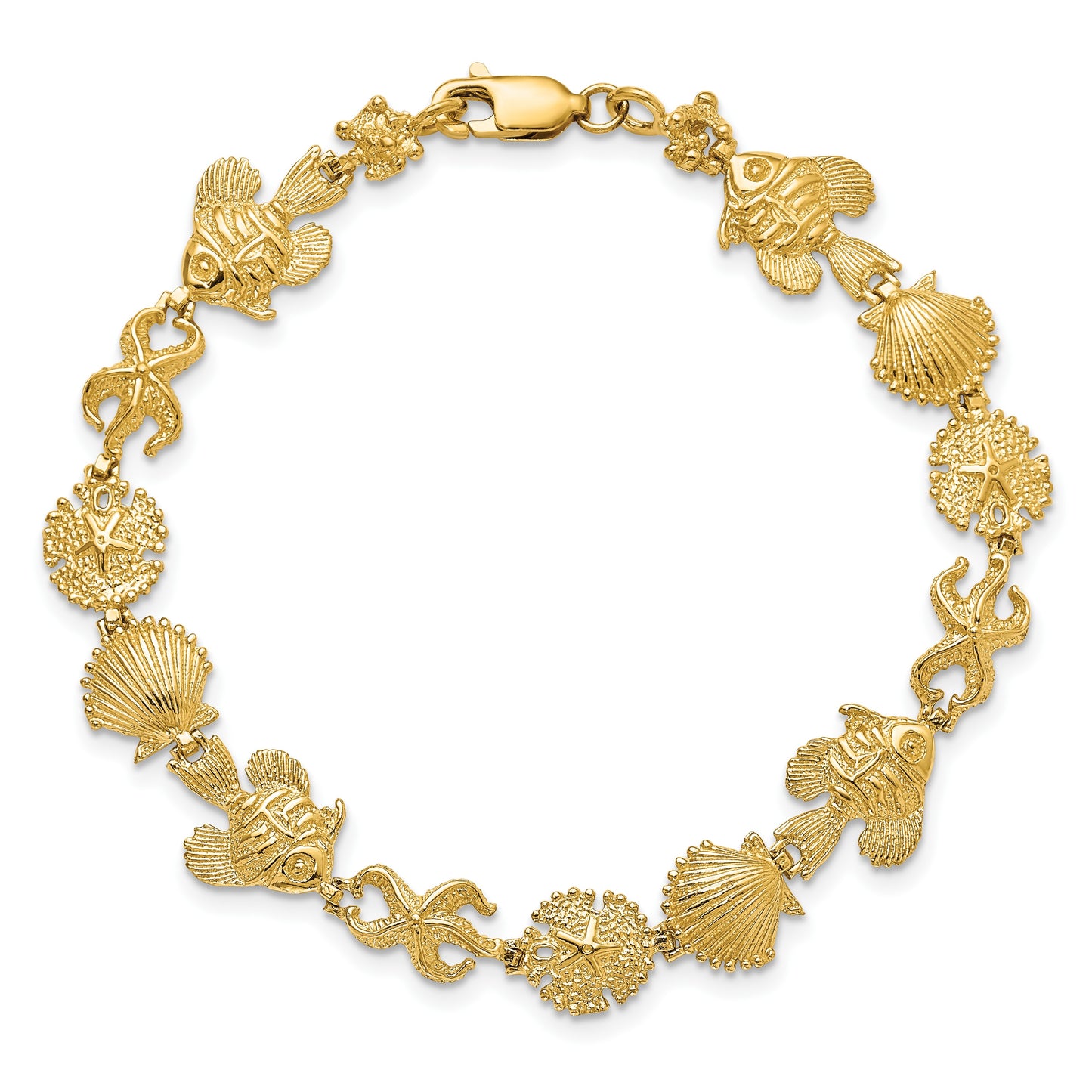 14k Polished and Textured Sea Life 7 inch Bracelet