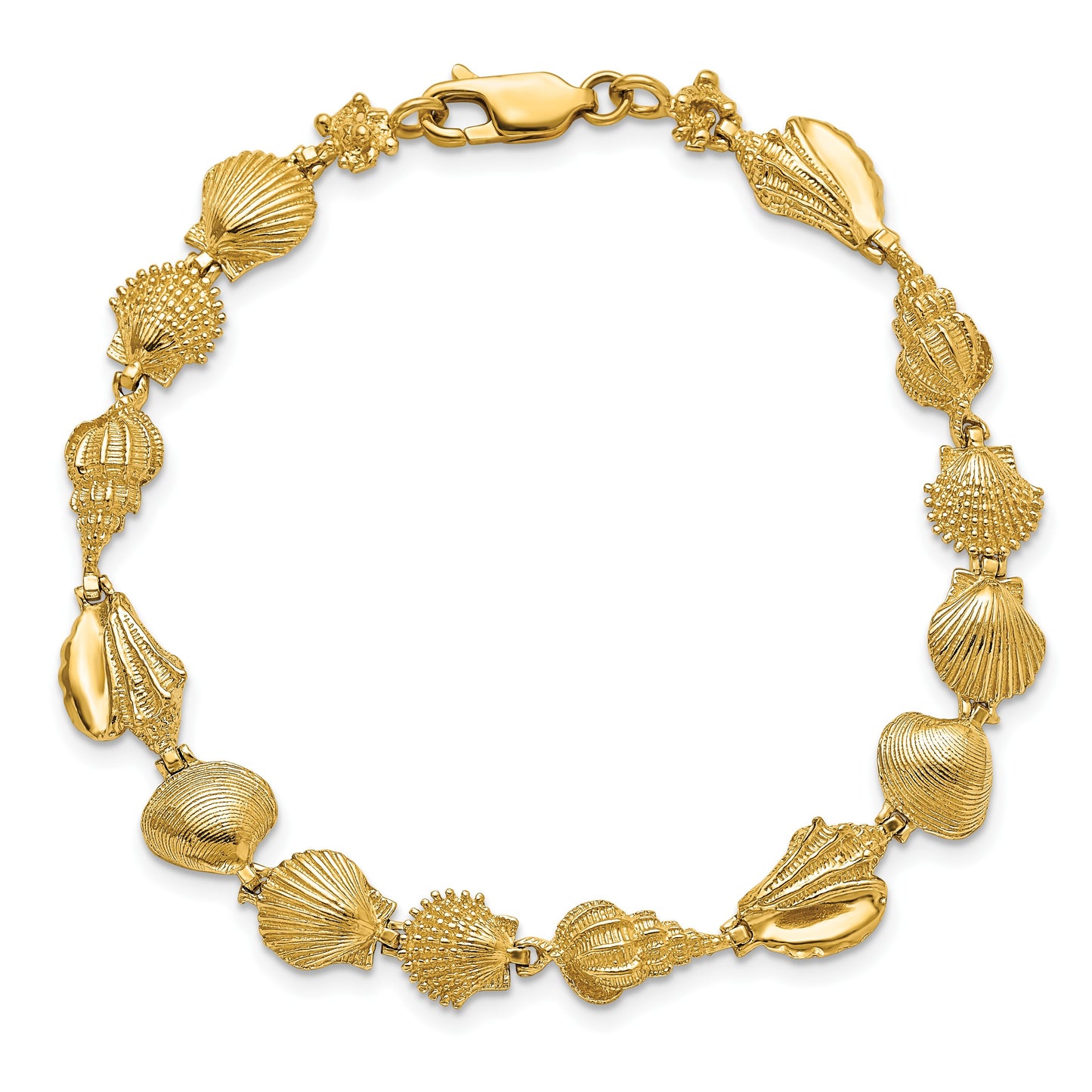 14k Polished Assorted Sea Shells 7.25 inch Bracelet