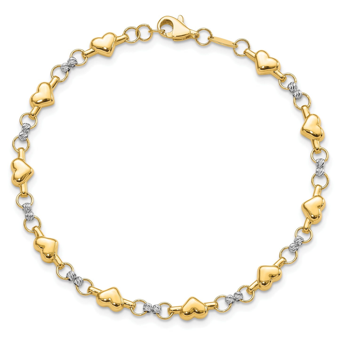 14K Two-tone Polished Puffed Hearts with Diamond-cut Beads 7.5 inch Bracelet