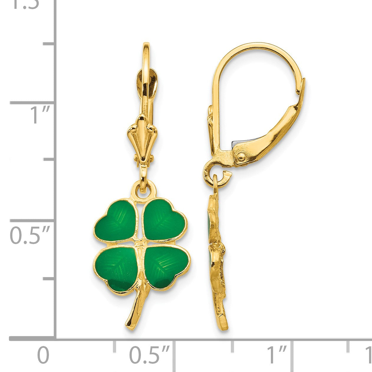 14k Green Enameled Clover Dangle Leverback Earrings