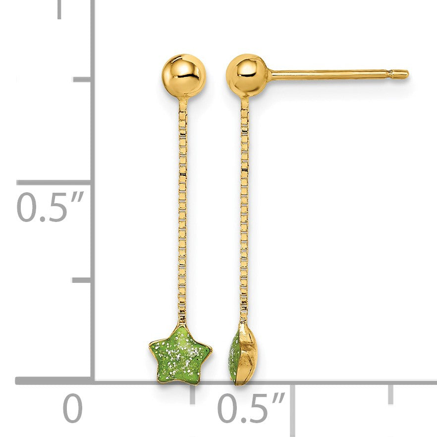 14k Madi K Green Enameled Star Chain Dangle Childrens Post Earrings