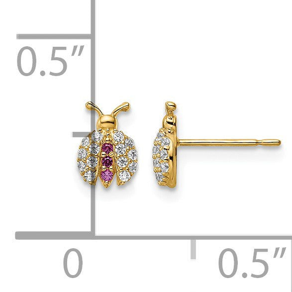 14k Madi K Clear and Red CZ Ladybug Post Earrings