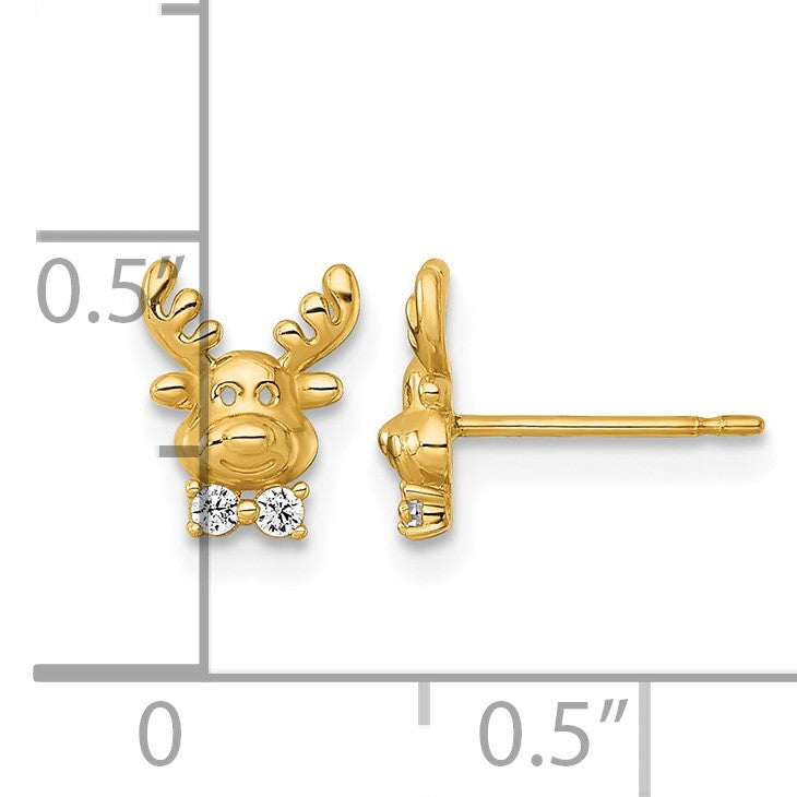 14k Madi K Polished CZ Reindeer Childrens Post Earrings