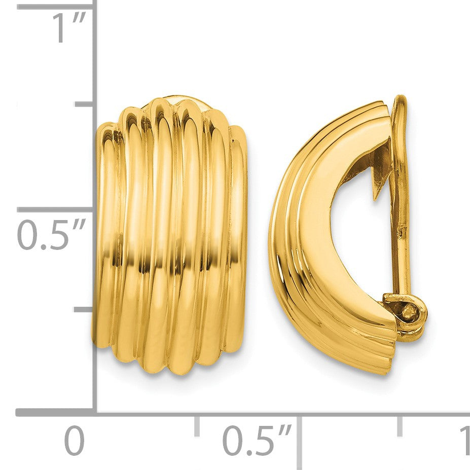 14k 9.5x16mm Polished Ribbed Half Hoop Omega Back Non-pierced Earrings