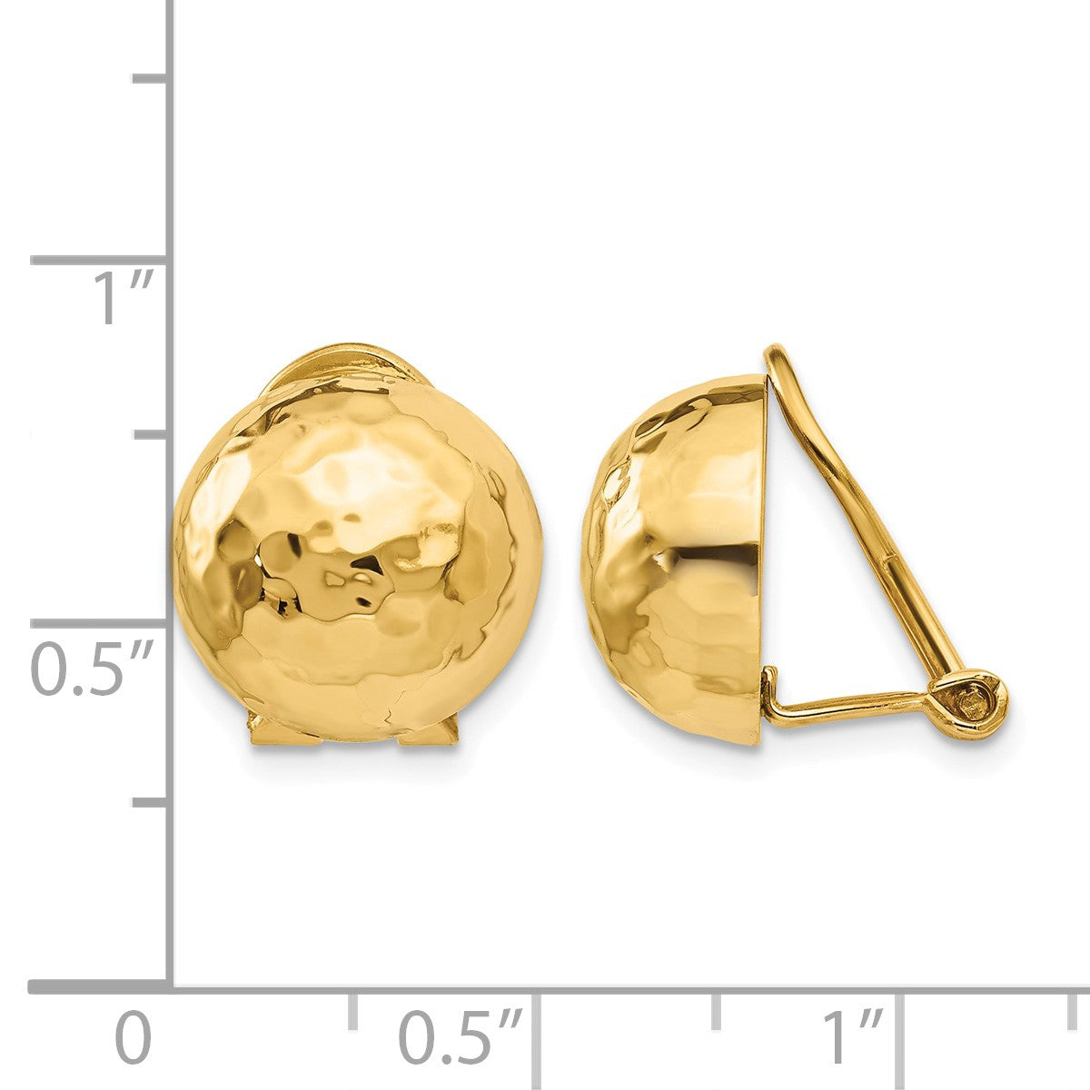 14k 12mm Hammered Half Ball Omega Back Non-pierced Earrings