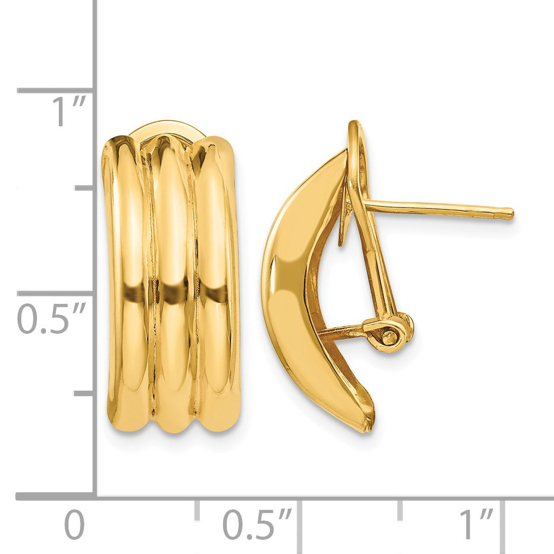 14k 8.5x20mm Polished Ribbed Omega Back Post Earrings