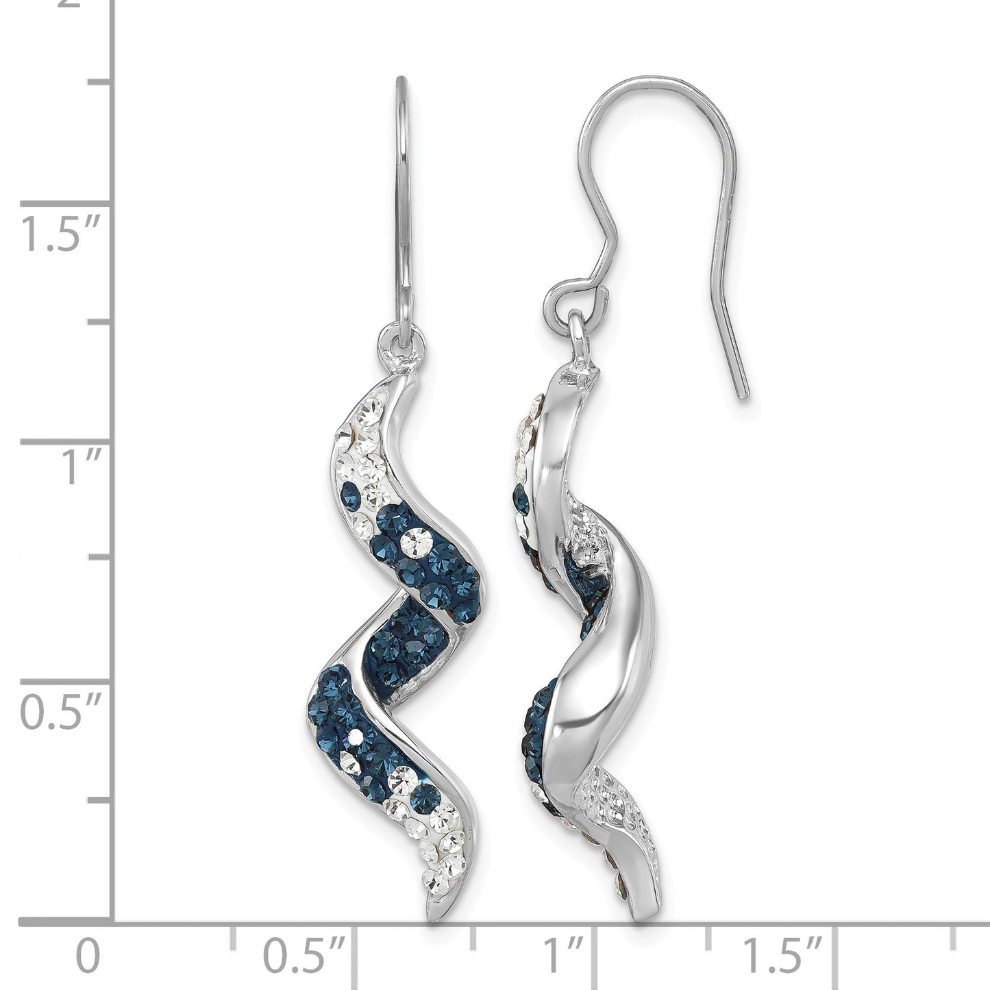 Sterling Silver Rhodium-Plated Polished Long Twirl White and Blue Crystal Wave Dangle Earrings
