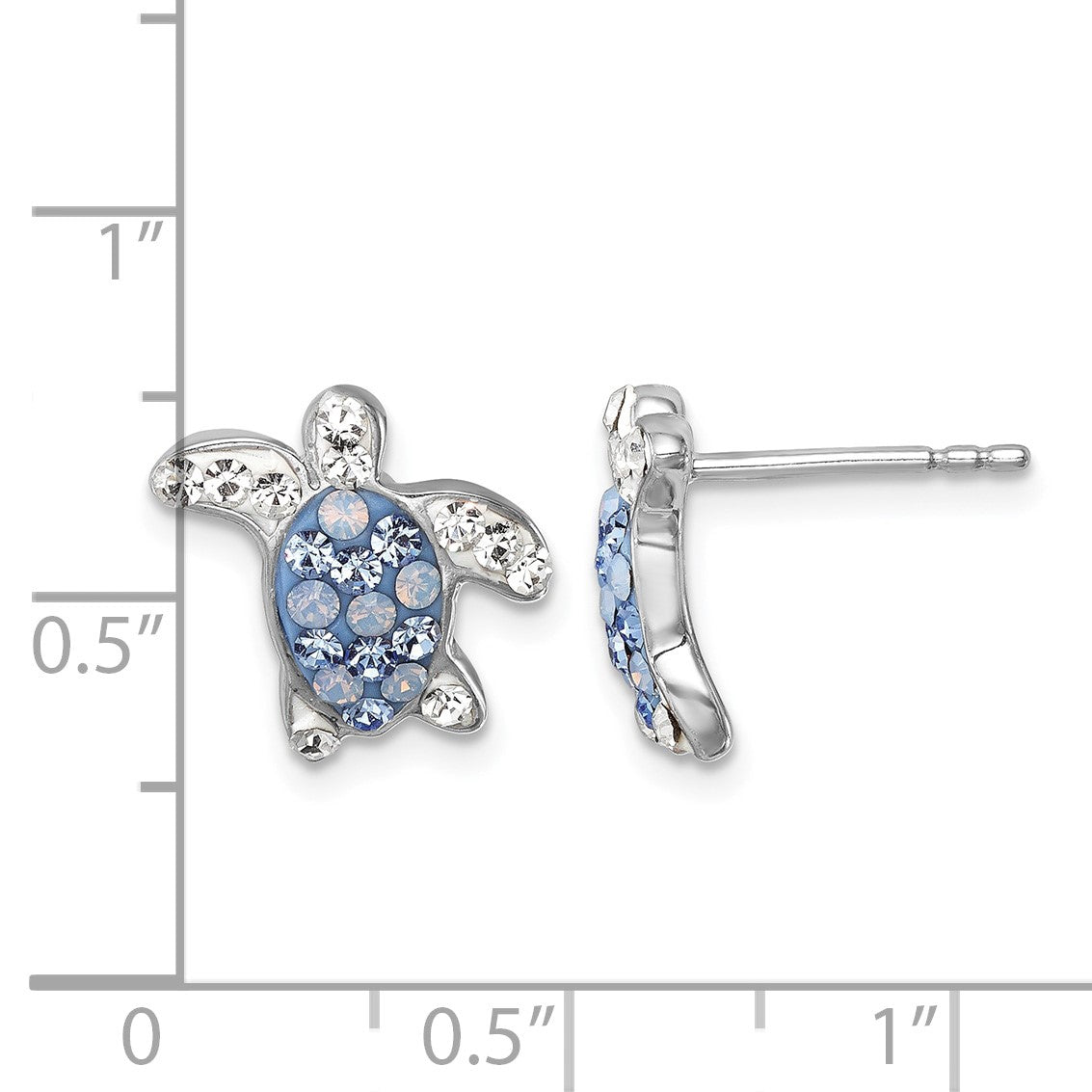 Sterling Silver Rhodium-plated Polished Blue and White Crystal Turtle Post Earrings