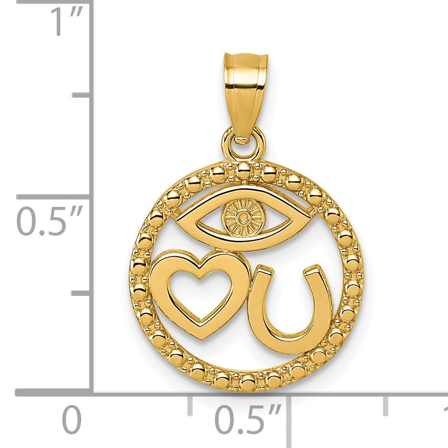 14k Polished Heart/Evil Eye/Horseshoe In Circle Pendant