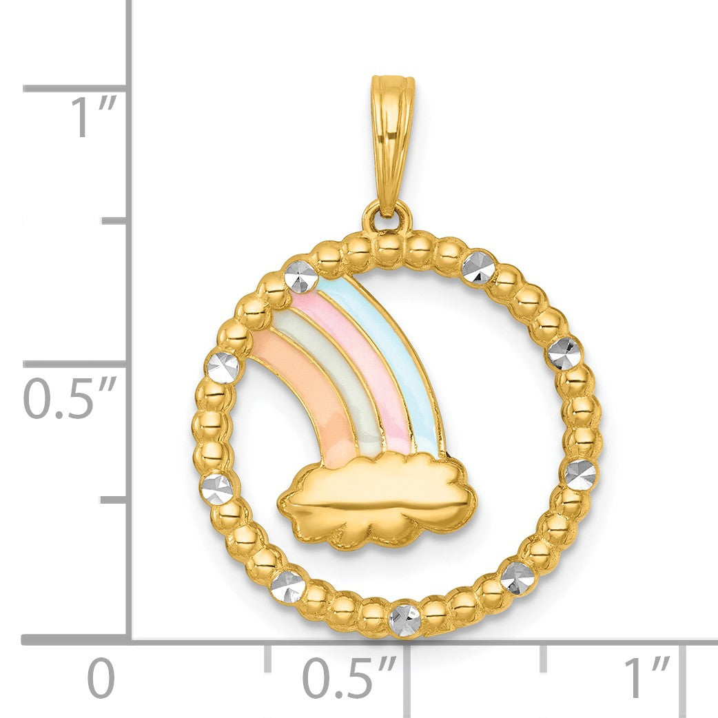 14k with White Rhodium Multi Color Enamel Rainbow With Cloud in Circle Charm