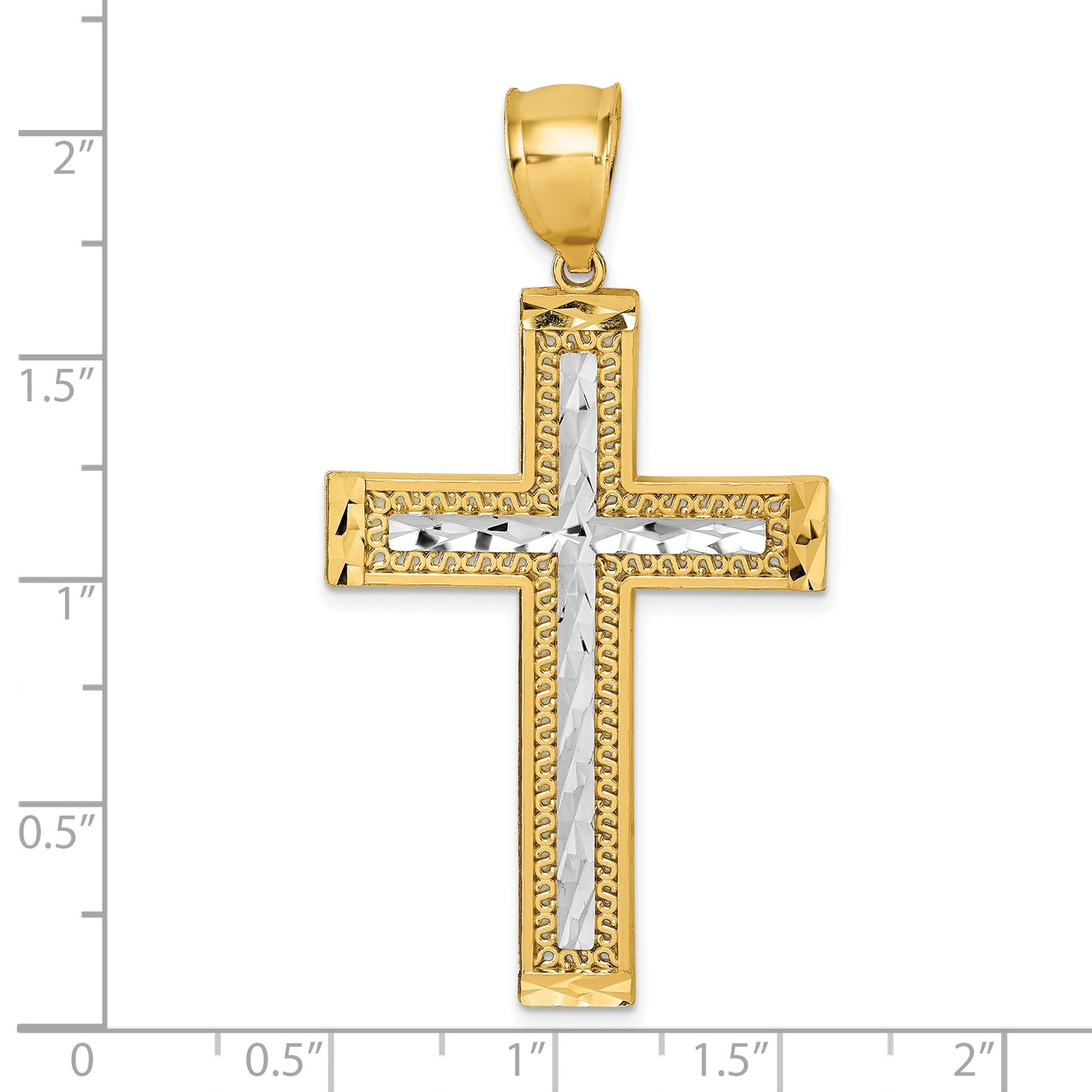 14k and White Rhodium Polished Diamond-cut Textured Fancy Latin Cross Pendant