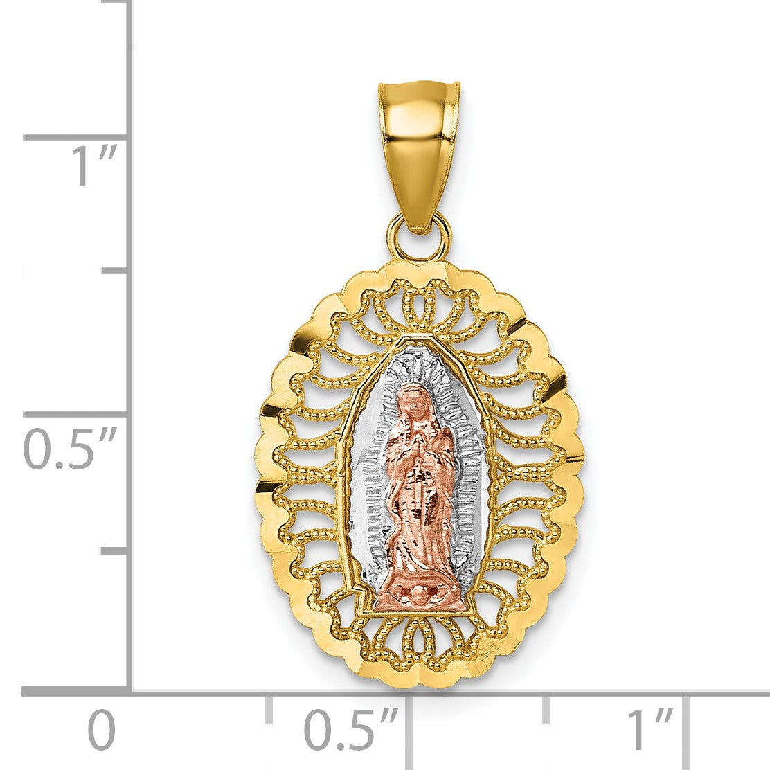 14k Two-tone with White Rhodium Polished Diamond-cut Pierced Design Our Lady of Guadalupe Pendant
